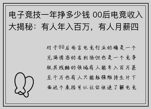 电子竞技一年挣多少钱 00后电竞收入大揭秘：有人年入百万，有人月薪四千
